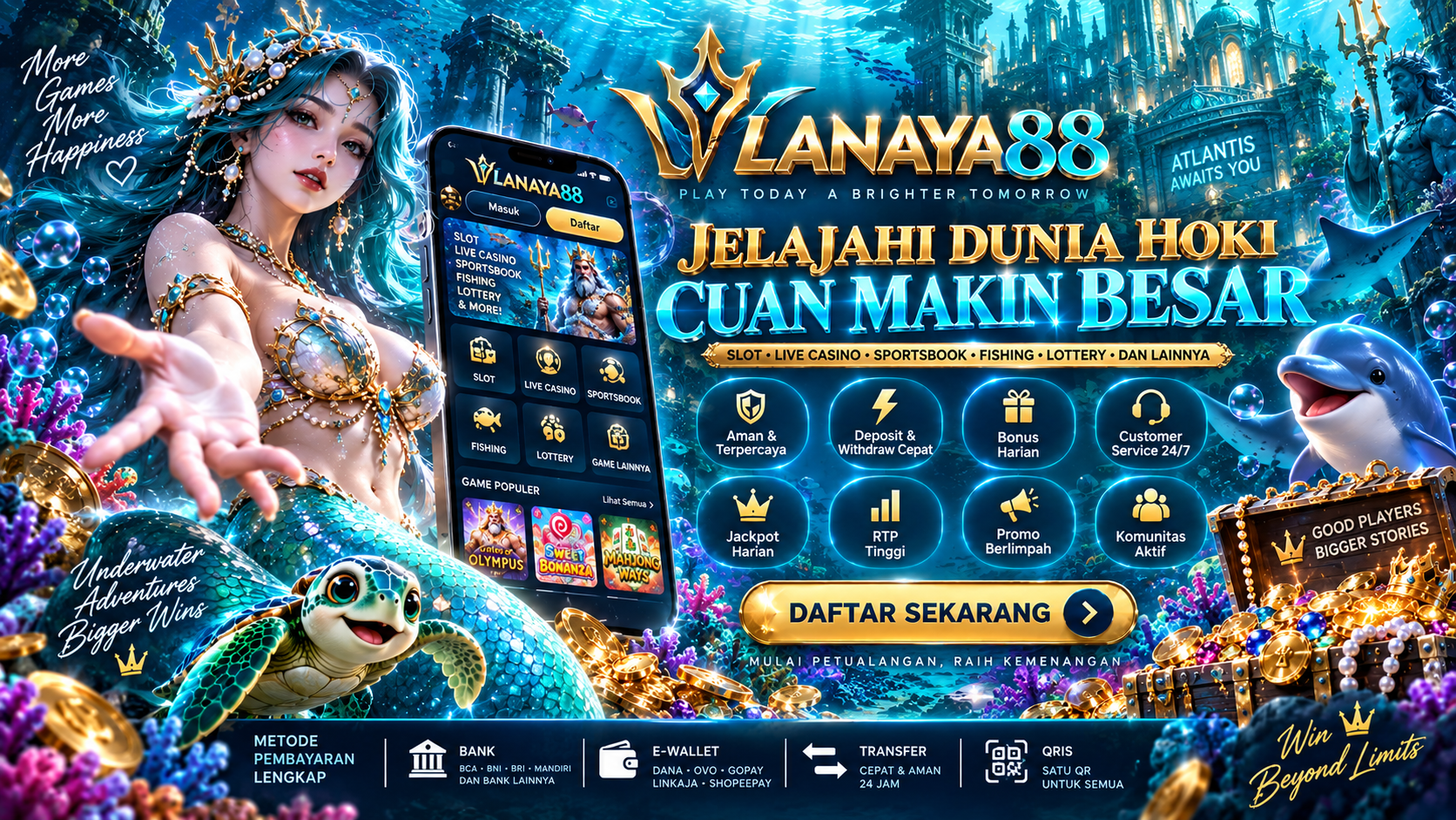 Banner LANAYA88 — ilustrasi layanan dan kategori permainan